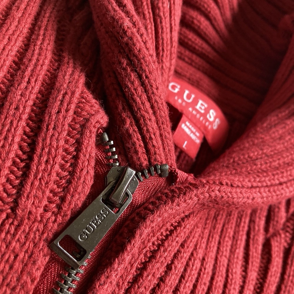 GUESS Cleo Zip Shawl Collar Pullover Sweater Mens Lg Cranberry Red Cotton Blend - Picture 6 of 14